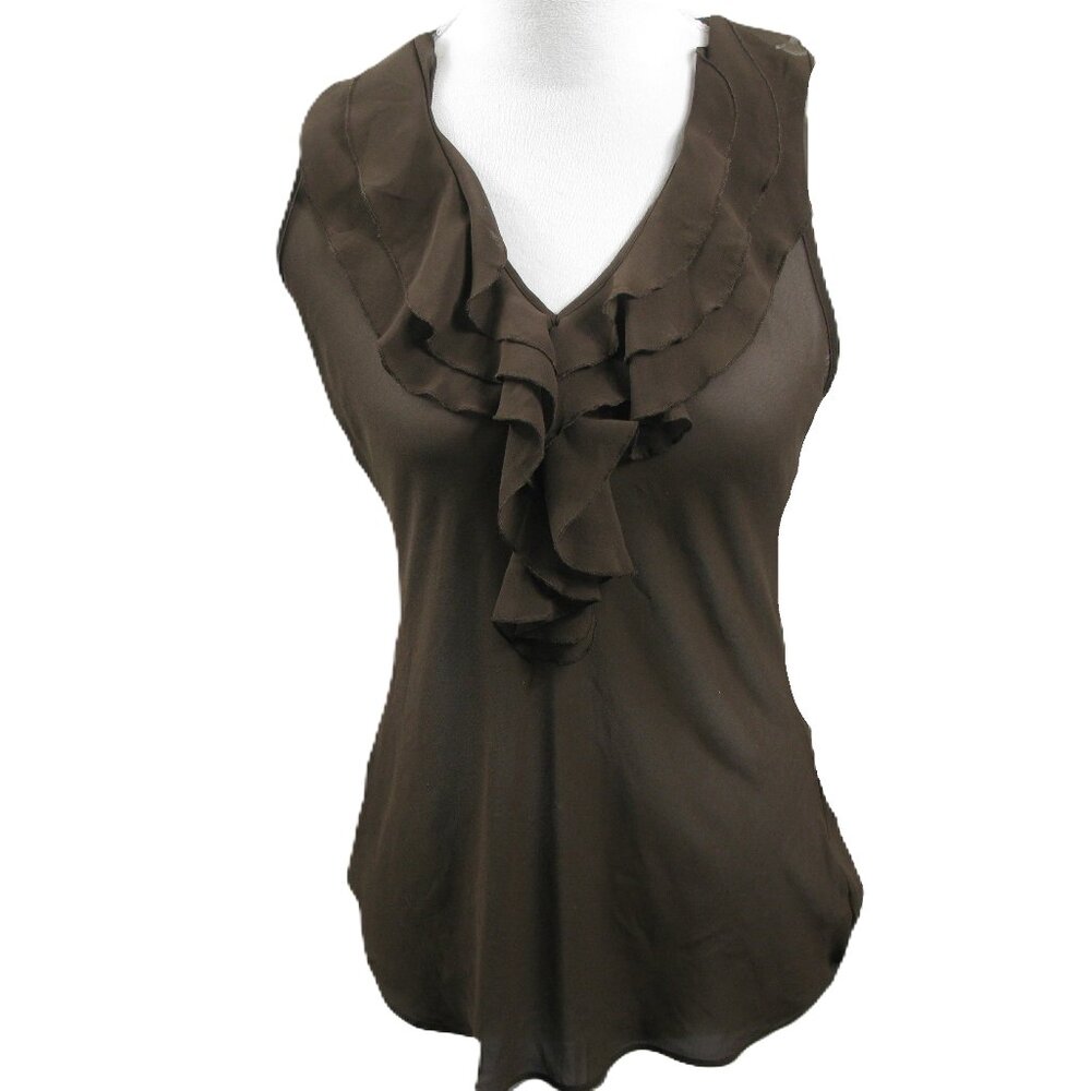 New York & Company Brown Semi-Sheer Ruffled Sleeveless Blouse Size 6